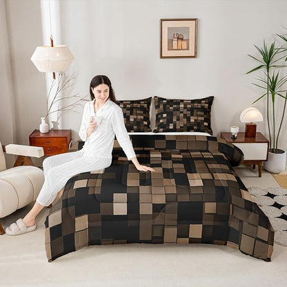 Pixel Grid Miners Comforter Set Full Size,Video Games Plaid Lattice Kids Bedding Set,Geometric Modern Check Quilt Comforter,Brown Duvet Insert,2 Pillowcases