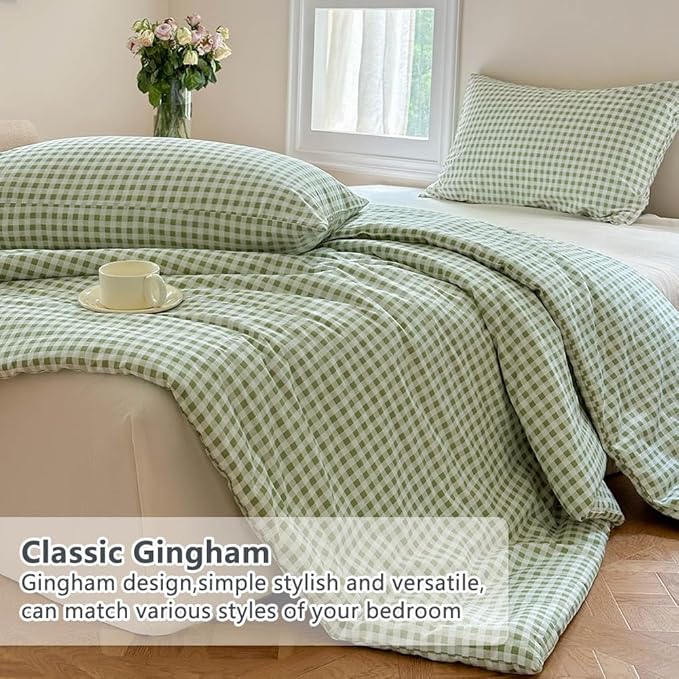NSNLGSGC Sage Green Gingham Cotton Comforter Set Queen, 100% Washed Cotton Green Plaid Checked Comforter Bedding, 3 Pieces Vintage Farmhouse Grid Bedding Set(Sage Green Gingham, Queen)