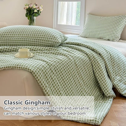 NSNLGSGC Sage Green Gingham Cotton Comforter Set King, 100% Washed Cotton Green Plaid Checked Comforter Bedding, 3 Pieces Vintage Farmhouse Grid Bedding Set(Sage Green Gingham, King)