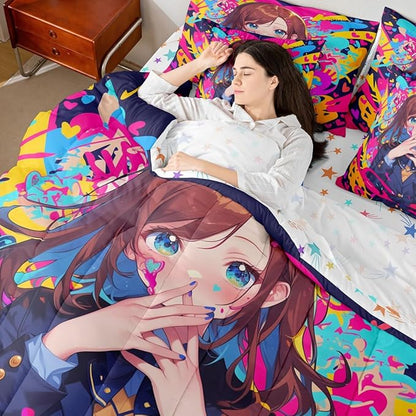 Erosebridal Anime Girl Full Bedding Set 7 Piece, Japanese Anime Comforter Set for Kids Girls Teens Adult Bedroom, Cartoon Girl Comforter Sets with Sheet Kawaii Japanese Animation Bed in A Bag