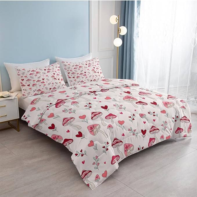 SOULZZZ Pink Mushroom Comforter Set Full Size, Nature Love Plant Trippy Mushroom Bed Set, Hippie Aesthetic Cottage Core 3 Piece Mushroom Comforter Bedding Set Bedroom Decor