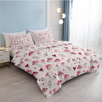 SOULZZZ Pink Mushroom Comforter Set Full Size, Nature Love Plant Trippy Mushroom Bed Set, Hippie Aesthetic Cottage Core 3 Piece Mushroom Comforter Bedding Set Bedroom Decor