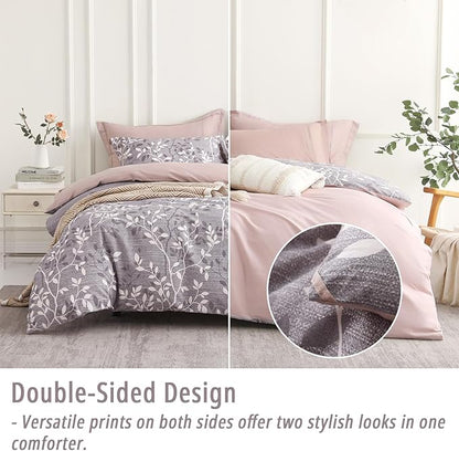 Vintage Gray Cotton Comforter King Size 3Pcs - Luxurious Design with White & Charcoal Branches Pattern, Elegant Dusty Pink Reversible Lightweight Bedding Sets with Soft Fill(104"×90")