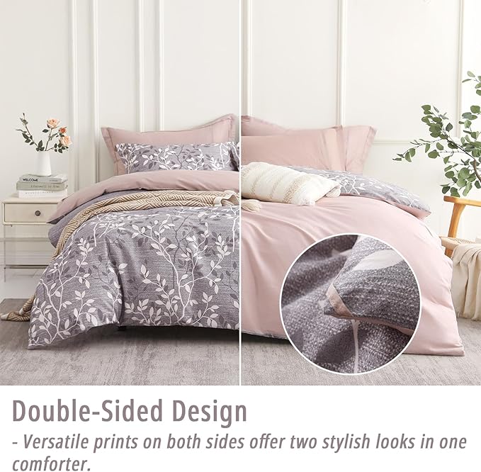 Vintage Gray Cotton Comforter Queen Size 3Pcs - Luxurious Design with White & Charcoal Branches Pattern, Elegant Dusty Pink Reversible Lightweight Bedding Sets with Soft Fill(90"×90")