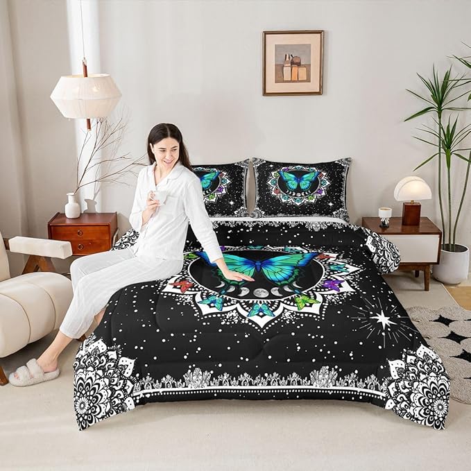 Erosebridal Butterfly Bedding Set King Size Galaxy Duvet Set Starry Sky Comforter Sets Boho Colorful Wild Animals Down Comforter for Moth Moon All Season Mandala Black White Duvet Set