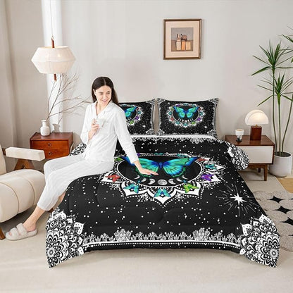 Erosebridal Butterfly Bedding Set King Size Galaxy Duvet Set Starry Sky Comforter Sets Boho Colorful Wild Animals Down Comforter for Moth Moon All Season Mandala Black White Duvet Set
