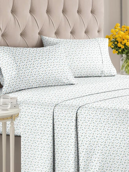Floral Sheets - Flower Print Bed Sheet Set - 1 Flat, 1 Fitted & 2 Pillowcases w/ Deep Pockets - Comfy, Wrinkle & Fade Free - Boho Botanical Bedding - Soft, Breathable and Cooling - Cal King Size Set
