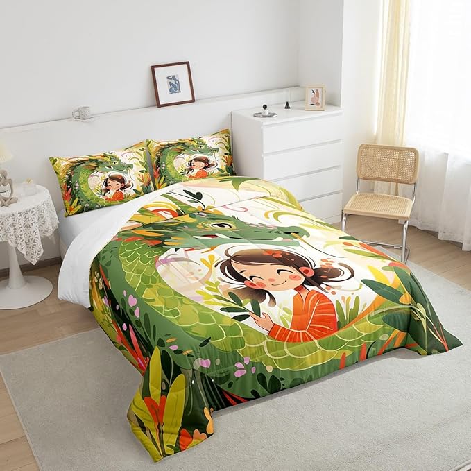 Dragon Bedding Set,Nature Botanical Floral Leaves Comforter Set King Size for Kids Boys Girls,Green Pink Western Magical Quilt Set Room Decor Wild Animals Cartonn Cute Style Duvet Insert,2 Pillowcases
