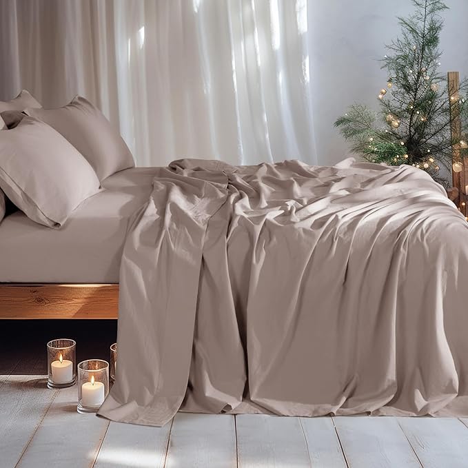 LBRO2M 100% Pure Linen Sheet Set Deep Pocket Up to 16" Bed Sheets Sets, Natural Flax Beddings Soft, Breathable, Comfortable for All Seasons 6 Pcs Sheet Set Cal King Size, Mauve Desert