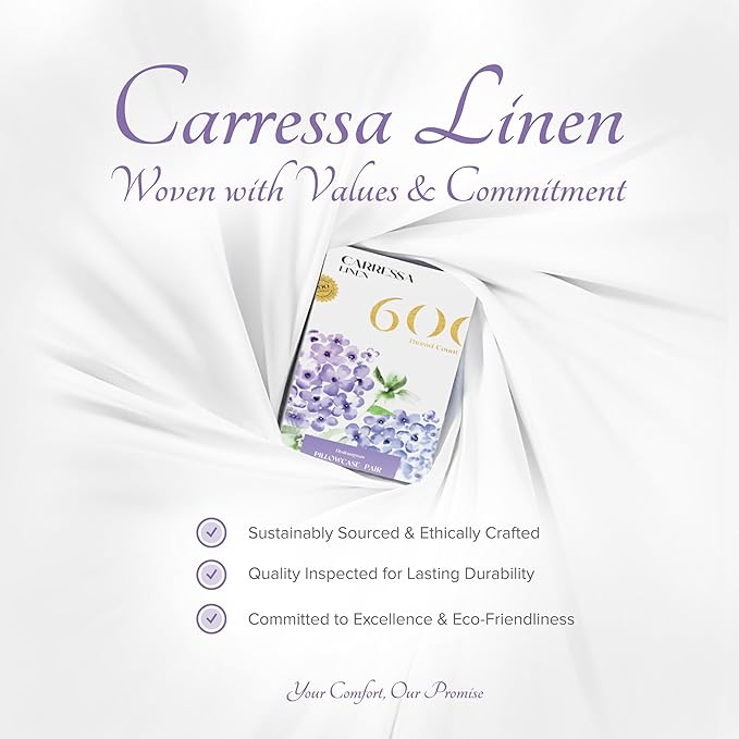 Carressa Linen 100% Egyptian Cotton Pillow Cases Standard Size Set of 2 - Luxury 600 Thread Count Queen/Standard Pillowcases (Sea Foam), Soft, Cooling Extra Long Staple Sateen Hotel Pillow Covers