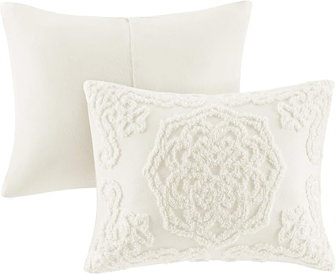 Madison Park Laetitia Lightweight 100% Cotton Quilt Set, Breathable Chenille Tufted, Shabby Chic Boho Medallion Design, Sham, Floral Ivory w/ Tassels, Full/Queen (90 in x 90 in) 3 Piece