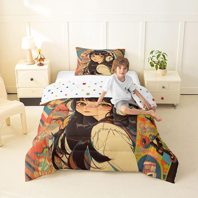 Erosebridal 2Pcs Anime Bedding Fashion Street Girls Comforter Set 3D Cartoon Printed Comfortable Soft Bed Set for Kids Boys Girls Teens Tattoo Watercolor Art Japanese Style Duvet Set Twin Size