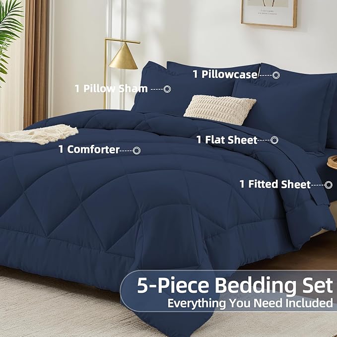 FUANNA 5 Pieces Twin XL Comforter Set, All Season Bed in a Bag Twin XL Size, Luxury Soft Bedding Sets with Comforter, Flat Sheet, Fitted Sheet, Pillowcase & Pillow Sham, Navy Blue