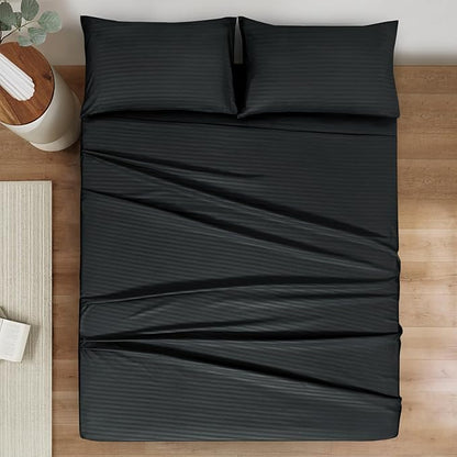 Mejoroom Striped Queen Size Sheet Set - Hotel Luxury 1800 Bedding Sheets & Pillowcases - Deep Pocket Fitted Sheet, Soft, Breathable, Wrinkle & Fade Resistant - 4 Piece (02-Black)