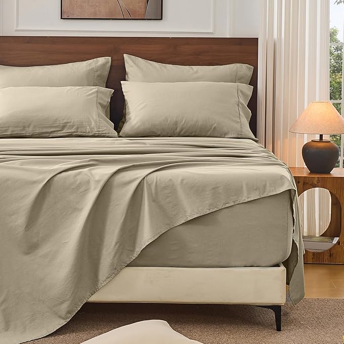Bedlifes 100% French Linen Sheets Queen Size 18-24”Extra Deep Pocket 4-Piece Set Breathable & Moisture-Wicking,Soft & Durable Sheets for Thick Mattresses(Taupe)