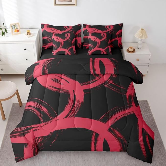 Erosebridal Black and Red 7 Piece Comforter Set Twin Abstract Line Ink Painting Bedding Set for Kids Boys Girls Simple Minimalist Graffiti Art Modern Geometric Sheet Set Boho Cool Unique Mens Quilt