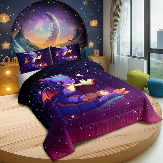 Lovely Dragon Comforter Set King Size Purple Black Ombre Galaxy Bedding Set Bedroom Decor Cartoon Dragon Book Quilt Set Dreamy Glittering Print Starry Duvet Insert with 2 Pillowcases