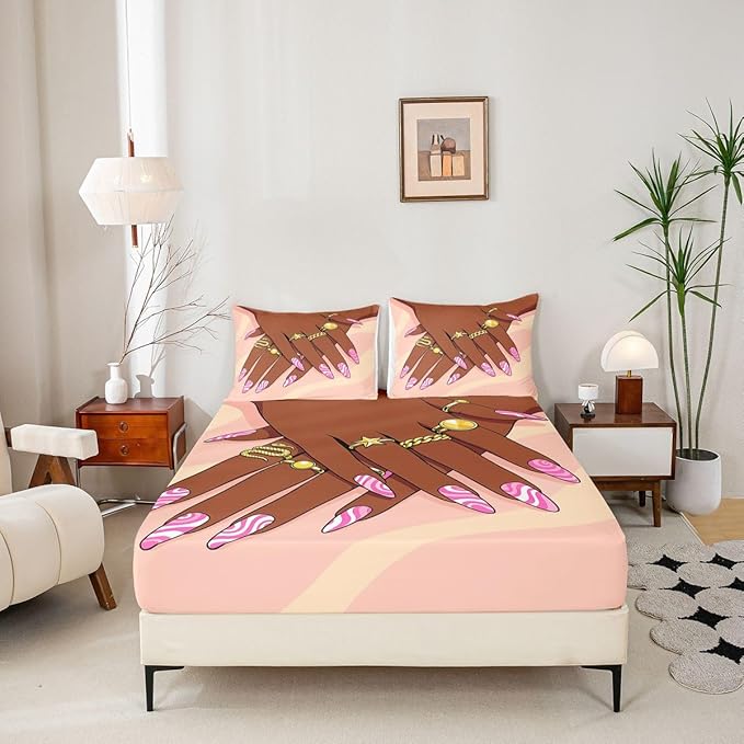 Erosebridal Romantic Makeup Themed Fitted Sheet Full Size for Girls Fashion Girlish Bedding Set Black Girls Bed Sheets for Kids Teens Adult Women Bedroom Afro Vogue Princess Magical Sheets