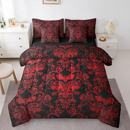 Erosebridal Gothic Damask 7 Piece Comforter Set Full Bed in a Bag,Halloween Bat Bedding Sets Red Black Victorian Floral Goth Sheet Set with Comforter