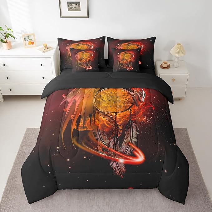 Erosebridal Gothic Dragon Dream Catchers 7 Piece Comforter Set Full Bed in a Bag,Orange Galaxy Bohemian Feather Bedding Sets Antique Animal Pterosaur Sheet Set with Comforter