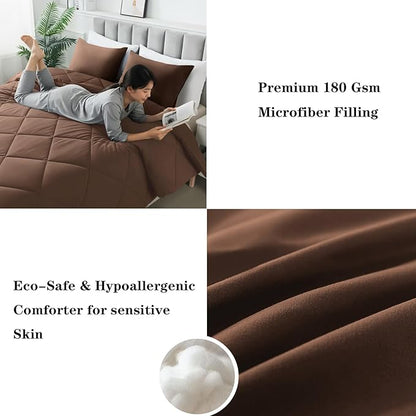 3-Piece Full Comforter Set,All-Season,Soft & Hypoallergenic &Breathable Bedding,Polyester Quilted,Down Alternative(Comforter*1 & Pillowcases*2),Chocolate