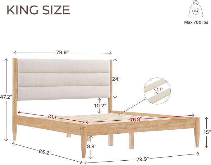 KISLOT Wood Bed Frame with Upholstered Headboard, Oat, King | Wooden Platform, Silent Slat Support, Mattress Foundation, No Box Spring Needed, Easy Assembly