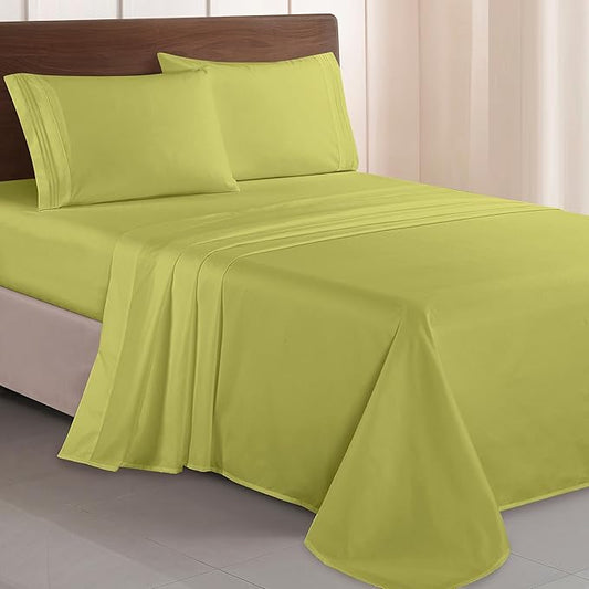 Elegant Comfort Luxurious 1500 Premium Hotel Quality Microfiber Three Line Embroidered Softest 4-Piece Bed Sheet Set, Wrinkle and Fade Resistant, King, Pistachio Green