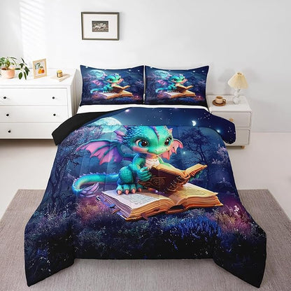 Castle Fairy Cartoon Dragon Bedding Set Queen Size Magic Jungle Night Comforter Set for Girls Boys Teens Room Decor Cute Dragon Books Down Comforter Starry Moon Sky Quilt Set with 2 Pillowcases