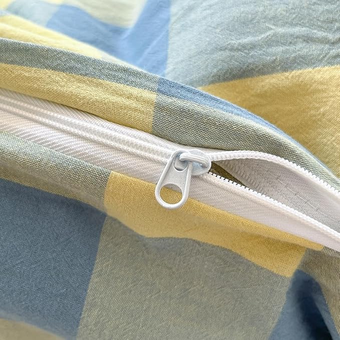 FACE TWO FACE Bedding Duvet Cover Set100% Washed Cotton Duvet Cover Linen Like Textured Breathable Durable Soft Comfy (Full, Blue Yellow Grid)