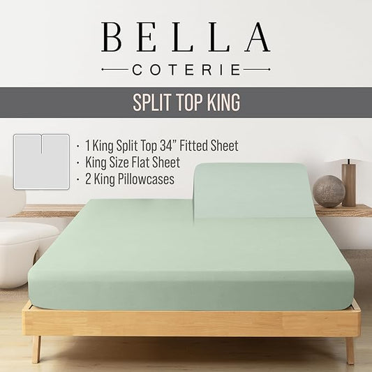 Bella Coterie Luxury Bamboo Viscose 34” Split Top King Size Sheet Set | 1 Fitted Sheet for Sleep Number & Adjustable Beds | 100% Organically Grown | Cooling & Soft | 18” Deep Pocket [Sea Glass]