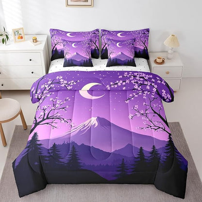 jejeloiu Japanese Purple Bedding Set 7Pcs King Size Kids Mount Fuji Comforter Set with Sheets for Boys Girls Cherry Blossom Bed in a Bag Soft Lightweight,Microfiber