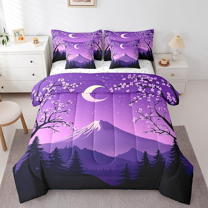 jejeloiu Japanese Purple Bedding Set 7Pcs Full Size Kids Mount Fuji Comforter Set with Sheets for Boys Girls Cherry Blossom Bed in a Bag Soft Lightweight,Microfiber