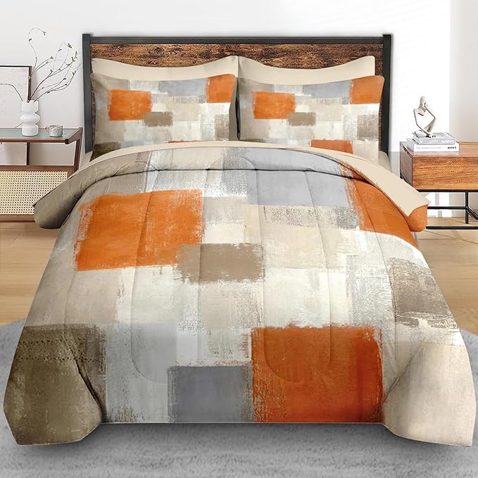 Comforter Set Twin Size, Beige Grey Abstract Painting 5 Pcs Bedding for Kids and Adults, Orange Gray Contemporary Bed Sheet Sets with Fitted Sheet Pillowcase & Sham for Bedroom Bed Decor