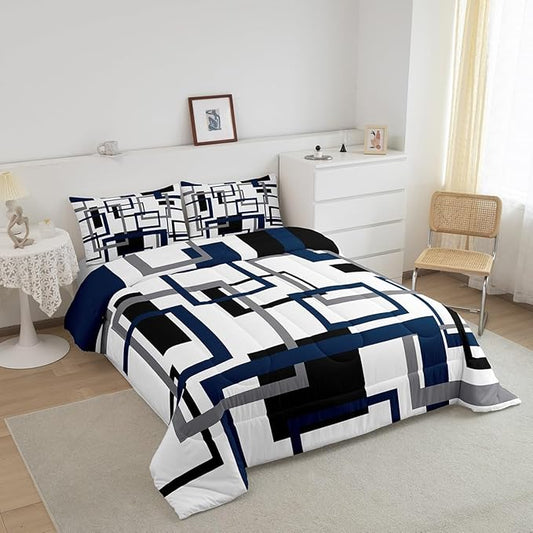 Erosebridal Square Comforter for Kids Boys Girls,Black and Grey White Navy Blue Bedding Set,Geometric Quilt Set Twin,Fashion 3D Grid Striped Duvet Insert with 1 Pillowcase Lightweight