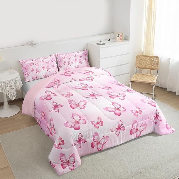 Erosebridal Pink Butterfly Comforter Set for Kids Boys Girls 3D Pink Dreamy Butterfly Bedding Colorful Ink Stick Printing Duvet Set All Season Microfiber Comforter Queen with 2 Pillowcases