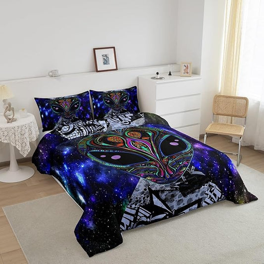 Feelyou Alien Printed Comforter Kids Galaxy Outer Space Themed Bedding Set Boys Girls Trippy Alien Hippie Skull Decor Comforter Set Colorful Tie Dye Quilted Duvet Bedroom Bed Set Toddler Size