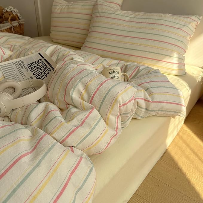 EAVD Vintage Colorful Striped Comforter Set Full Soft Cotton 3-Piece Retro Vertical Striped Bedding Set with 2 Pillowcases Boho Geometric Comforter Set for All-Season(Pink&Yellow&Blue, Full)