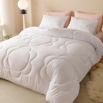 CLOTHKNOW White Queen Comforter Set Daisy Puff Pattern Bedding Comforter Sets Boho Queen Comforter Soft Floral Comforter with 2 x Pillow Cases