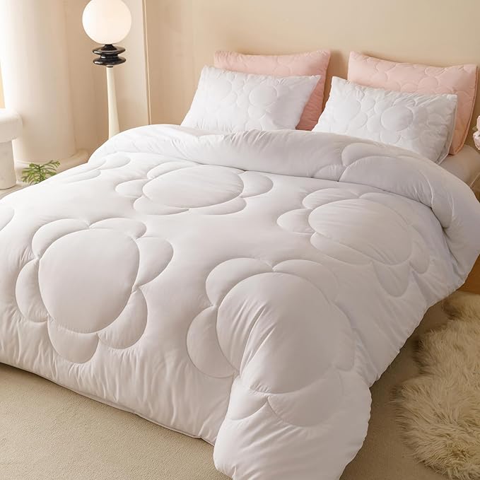 Luxlovery White Sunflower Comforter Set Queen Plain White Boho Farmhouse Quilts Floral Bedding Comforter Set Soft Breathable Elegant Bohemian Comforter Queen Size