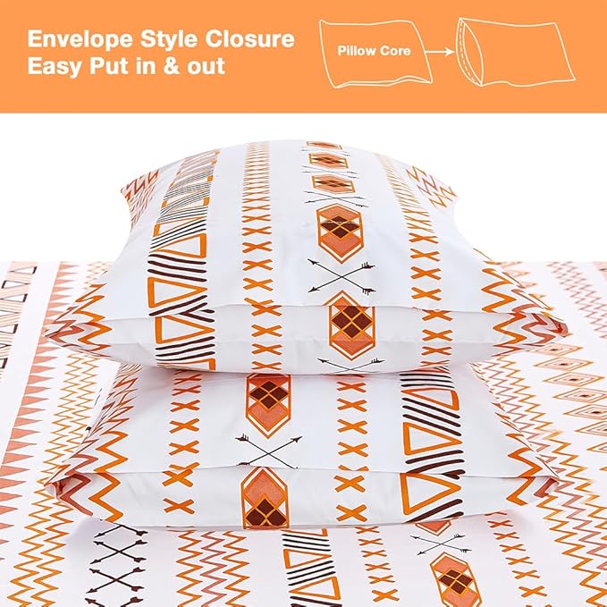 JSD Geometric Printed Sheet Set King, 4 Piece Soft Orange Pattern Microfiber Sheets Extra Deep Pocket