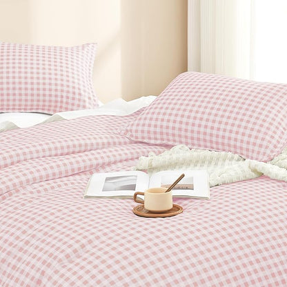 Andency Pink Gingham Comforter Set Full(79x90Inch), Blush Checkered Grid Plaid Buffalo Bed Set for Girls Boys Kids Teens, 3 Pieces Lightweight Polyester Geometric Preppy Bedding