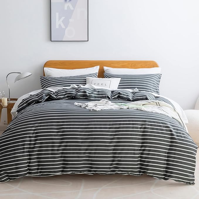 JELLYMONI 100% Natural Cotton 3pcs Striped Duvet Cover Sets, Dark Grey with White Stripes Pattern Printed Comforter Cover, with Zipper Closure & Corner Ties(Queen Size)