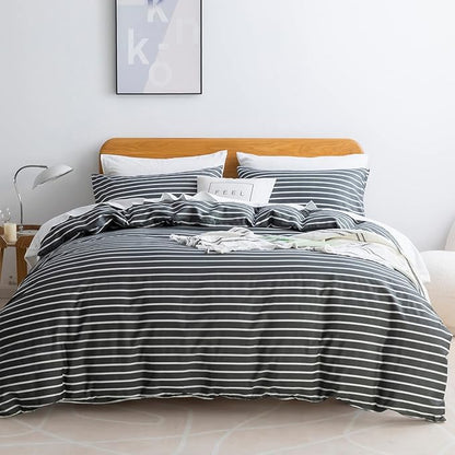 JELLYMONI 100% Natural Cotton 2pcs Striped Duvet Cover Sets, Dark Grey Duvet Cover with White Stripes Pattern Printed Comforter Cover, with Zipper Closure & Corner Ties(Twin Size)
