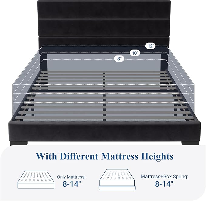 Allewie Queen Size Platform Bed Frame with Velvet Upholstered Headboard | Wooden Slats Support, Fully Upholstered Mattress Foundation, No Box Spring Needed, Easy Assembly, Noise-Free, Black