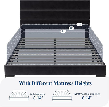 Allewie Queen Size Platform Bed Frame with Velvet Upholstered Headboard | Wooden Slats Support, Fully Upholstered Mattress Foundation, No Box Spring Needed, Easy Assembly, Noise-Free, Black