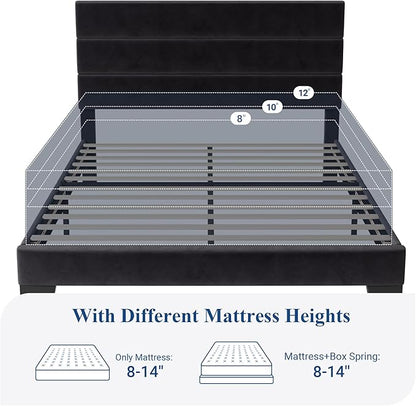 Allewie Full Size Platform Bed Frame with Velvet Upholstered Headboard | Wooden Slats Support, Fully Upholstered Mattress Foundation, No Box Spring Needed, Easy Assembly, Noise-Free, Black
