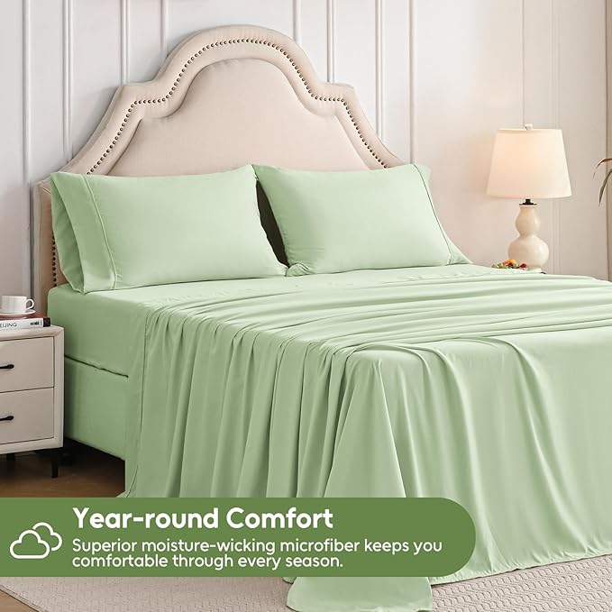 Full Size Bed Sheets Set, 4 Pieces Hotel Luxury Soft Microfiber Bed Sheets Set, Up to 16" Deep Pockets, Oeko-Tex Sheets with Elastic, Breathable, Wrinkle Free (Sage, Full)
