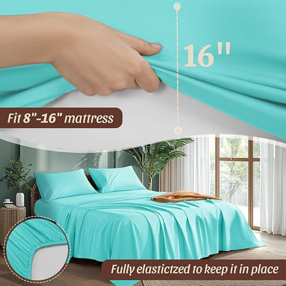 100% Egyptian Cotton Sheets 1200 Thread Count Queen Size Bedding Sets 4 Pcs, Fitted Sheet Up to 16" Deep Breathable All Seasons (Queen, Lake Green)