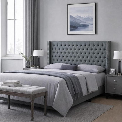 Madison Park King Wingback Upholstered Tufted Headboard, Featuring High-Density Sponge Padding, Adjustable Height Headboard, Easy Assembly, Dark Grey Woven