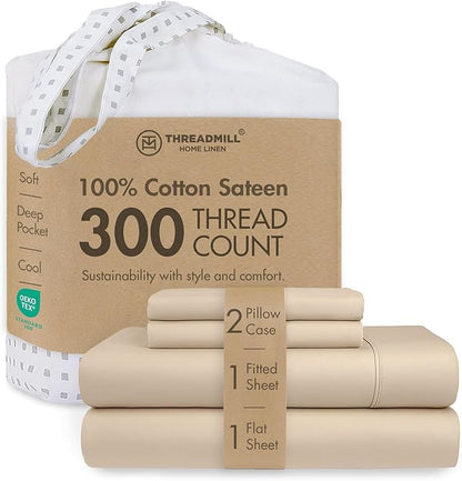 Threadmill Cotton Queen Sheet Set | 100% Cotton Sheets for Queen Size Bed | Solid Sateen Queen Bed Sheets Set with 16” Deep Pocket | Soft Breathable 4-Piece Cooling Bedding Sheet Set | Beige